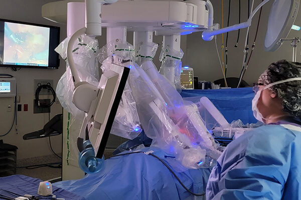 Davinci Xi Robot docked for a hernia repair surgery